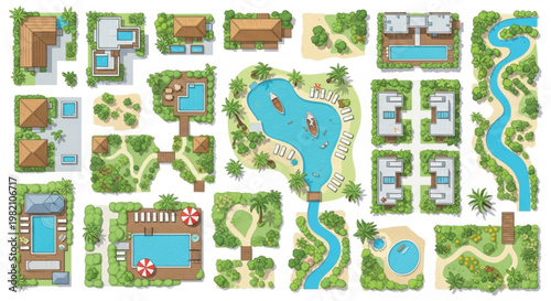 Tropical resort map elements, top view architectural landscape vector set, luxury hotel villas with swimming pools and palm trees, summer vacation site plan isolated PNG with Transparent