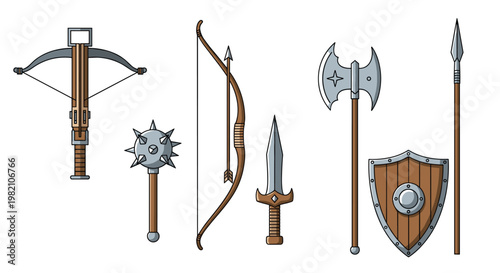 Assortment of medieval fantasy weapons including a crossbow, mace, bow, dagger, axe, spear, and a wooden shield with metal accents.