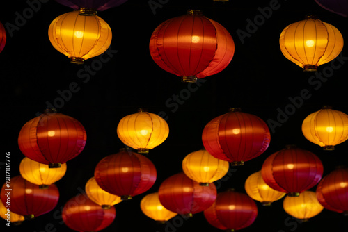 Colourful Chinese lanterns hanging at night at Temple Street Night Market, Yau Ma Tei, Kowloon, Hong Kong