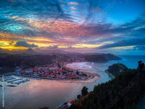 Sunset view of the city of Ribadesella.Asturias, Spain.