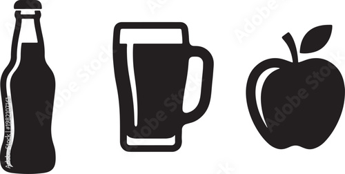 Isolated illustration of a single transparent glass and a beer bottle next to a clean metal travel mug container for a cold beverage
