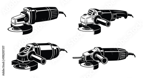 Black and white illustrations of various angle grinders and power tools