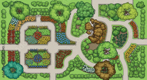 Top view landscape design vector, garden plan with colorful flower beds and green trees, architectural park map with walking paths and shrubbery isolated PNG with Transparent Background