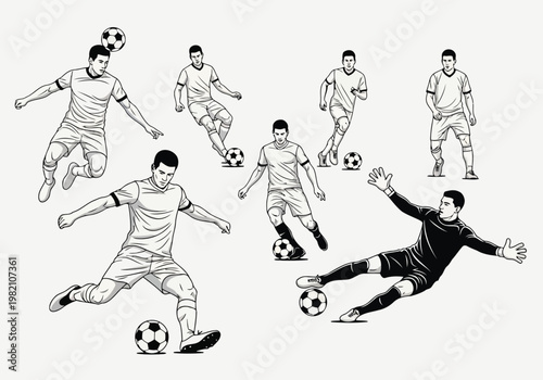 Dynamic soccer players in various action poses on the field