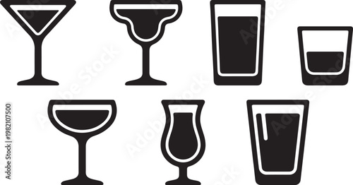 Set of glasses and drinks featuring wine, cocktail, and beer icons in a flat vector design for bar and restaurant silhouettes