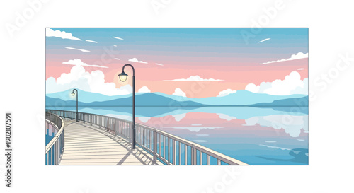 Pixel Art Pier at Sunset, Calm Lake Reflection, Serene Landscape