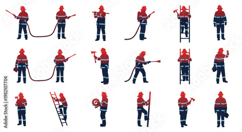 Firefighter Silhouette Collection: Various Poses and Equipment for Emergency Services