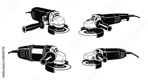 Black and white illustrations of various angle grinders and power tools