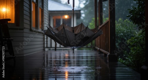 An upside down umbrella sits on a porch during a rainy day.