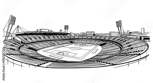 Hand-drawn Soccer Stadium Panorama, Sports Arena Illustration, Black and White Sketch