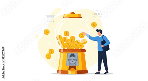 Man Inserting Coin into Gumball Machine Filled with Gold Coins