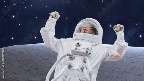 Wallpaper Mural astronaut in white space suit celebrating victory with raised fists on Moon planet surface Torontodigital.ca