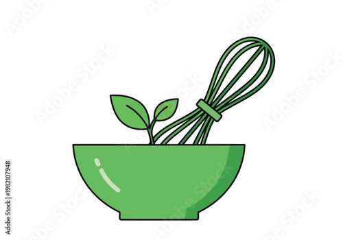 Creative mix of a plant growing in a mixing bowl with a whisk