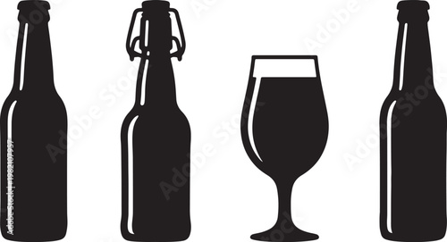 Isolated red and white wine bottles and beer glasses filled with liquid stand ready for a celebration at a restaurant bar