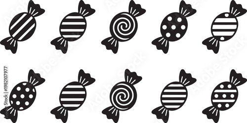 Candy icons, black and white sweets, striped and dotted treats, vector illustrations, 10 pieces