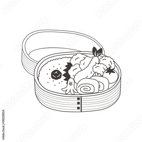 お弁当のモノクロイラスト　シンプル　素材　弁当素材　唐揚げ 　エビフライ　玉子焼き ランチ　わっぱ弁当