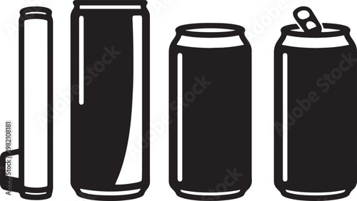 Vector illustration of a set of isolated beer bottles and a transparent glass jar with a metal lid as blank drink containers and liquid storage objects on a white background