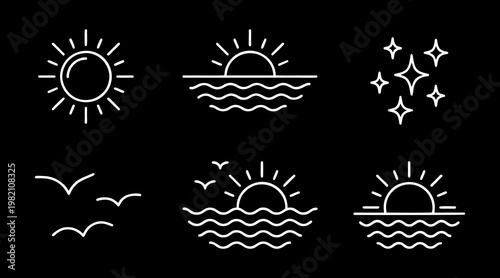 Minimalist vector graphic set featuring white line art weather icons representing sun scenery sparkling stars and flying bird silhouettes collection