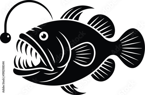 Silhouette illustration of an anglerfish with its lure deep sea creature black and white fishing lure anglerfish silhouette illustration predator