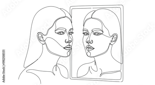 Black Continuous Line Art Person Looking in Mirror Self Awareness Identity Minimalist Illustration
