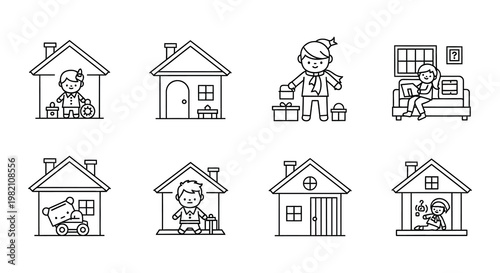 A young boy is happily playing with building blocks and a doll