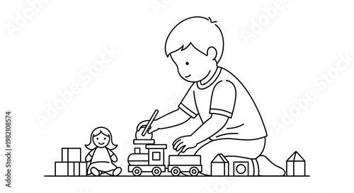 A young boy is happily playing with building blocks and a doll