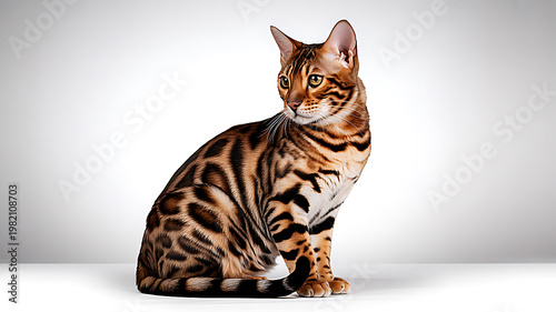 Beautiful Bengal Cat Gazing Aside on White Background, High Resolution Pet Photography