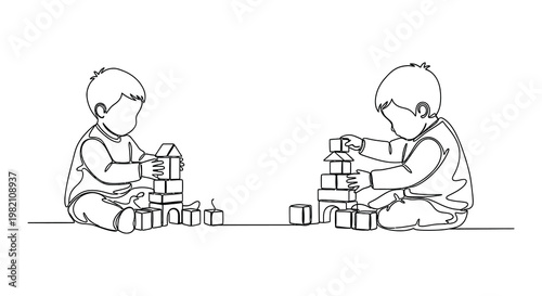 A young boy is happily playing with building blocks and a doll