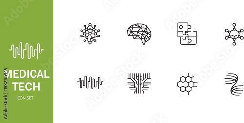 Medical Technology and Digital Healthcare Innovation Line Icon Set: Biotechnology, AI Brain, DNA, and Neural Network Symbols