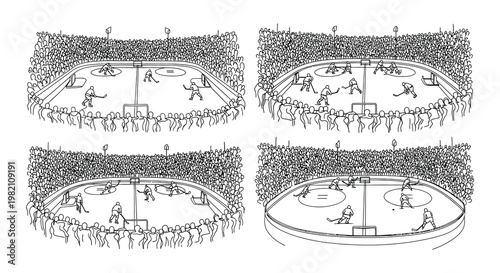 Line drawing depicts several scenes of an ice hockey game in progress