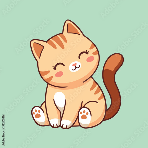Cute happy cartoon ginger cat sitting on a green background.