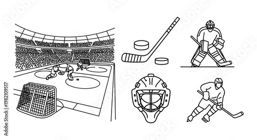 Line drawing depicts several scenes of an ice hockey game in progress