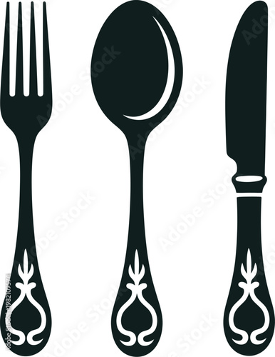 Illustration of a fork spoon knife with black and white eating utensils tableware silverware silhouette illustration restaurant flatware