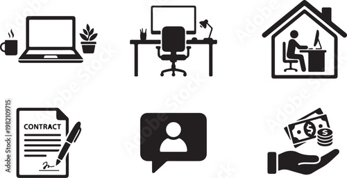 Business icons, office symbols, commercial graphics, 6 black vector illustrations