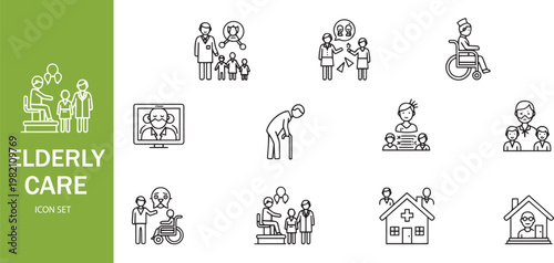 Elderly Care and Senior Healthcare Icon Set: Nursing Home, Home Care, Geriatric Medical Service, and Disabled Support Vector Illustrations