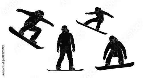 Silhouetted snowboarders performing tricks in mid air dynamic action poses