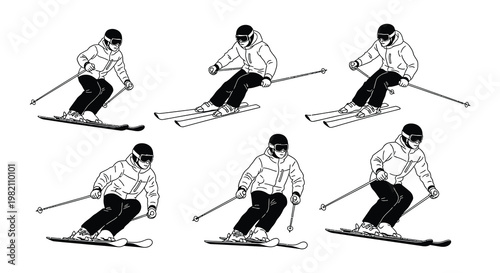 Illustration of skiers in dynamic positions showcasing skiing technique