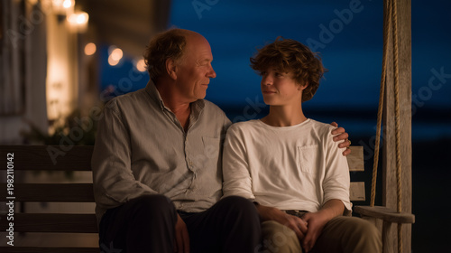 Father and teenage son sitting in silence on a porch swing at twilight blue hour, neither speaking but shoulders touching, spring fireflies emerging, perfect for intergenerational bonding, grief, an