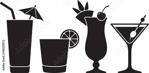 Fresh cocktail set featuring a glass of champagne and cold drinks with ice, lime, and orange fruit slices in a vector illustration for a summer bar party