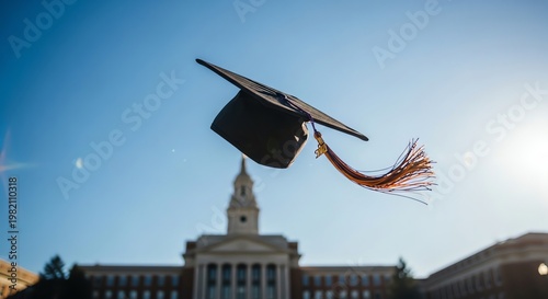 Graduation Cap Tossed Against Bright Blue Sky