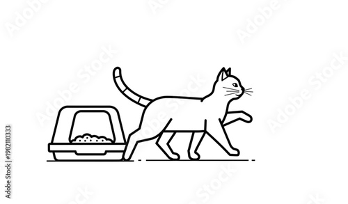 Geometric cat walking to litter box minimalist outline pet care vector design