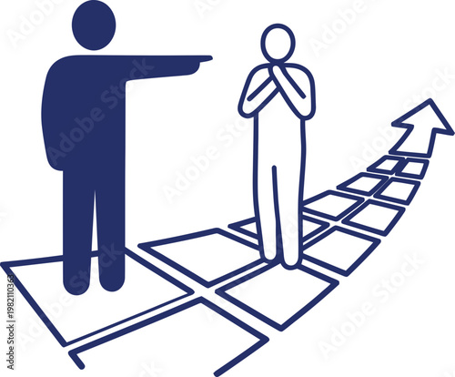 Man pointing another man on a checkered path with an arrow. Business direction, leadership, blaming concept. Minimalist vector icon