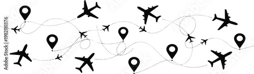 Global Travel Network Vector Illustration Featuring Airplane Silhouettes Flight Paths and Map Location PinsGlobal Travel Network Vector Illustration Featuring Airplane Silhouettes Flight Paths and Map