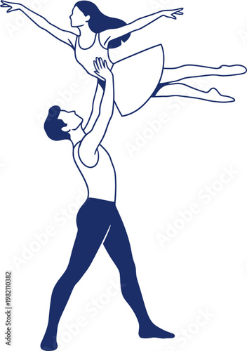 Pair of ballet dancers, man lifting woman in elegant dance pose. Concept of art, performance, romance. Minimalist vector illustration for poster, print