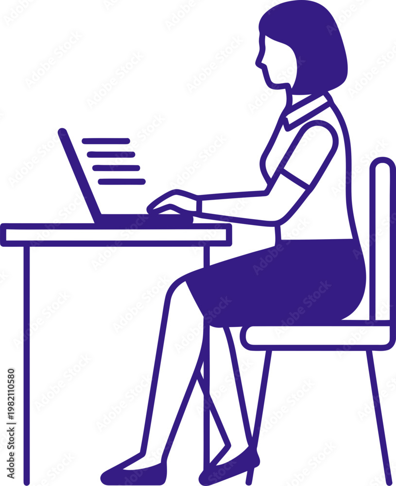 Fototapeta premium Woman sitting at desk using laptop for work or study, business, education, or office concept. Minimalist line vector illustration