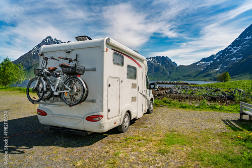 Family vacation travel RV, holiday trip in motorhome, Caravan car Vacation.