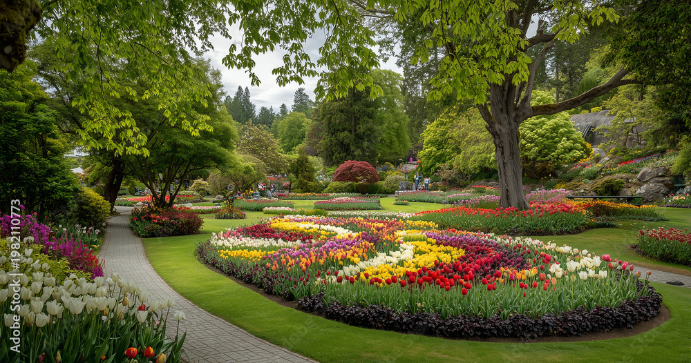 Obraz premium Tulip garden in full bloom with trees and green grass, park paths leading to oval-shaped flower bed featuring rainbow or butterfly pattern. Clear blue sky, serene and peaceful spring nature landscape 
