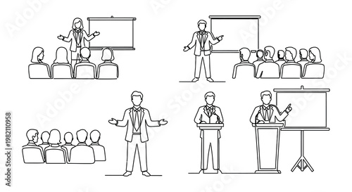 Line art illustrations depicting various business presentations and public speaking scenarios