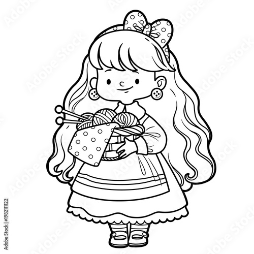 Cute cartoon girl with craft basket with skeins of yarn for knitting line art isolated on a white background