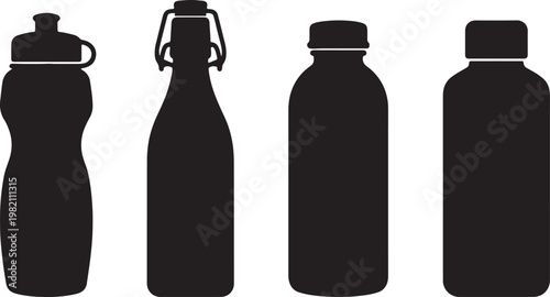 Set of empty black and white glass and plastic bottles for water or wine isolated as a blank beverage container object